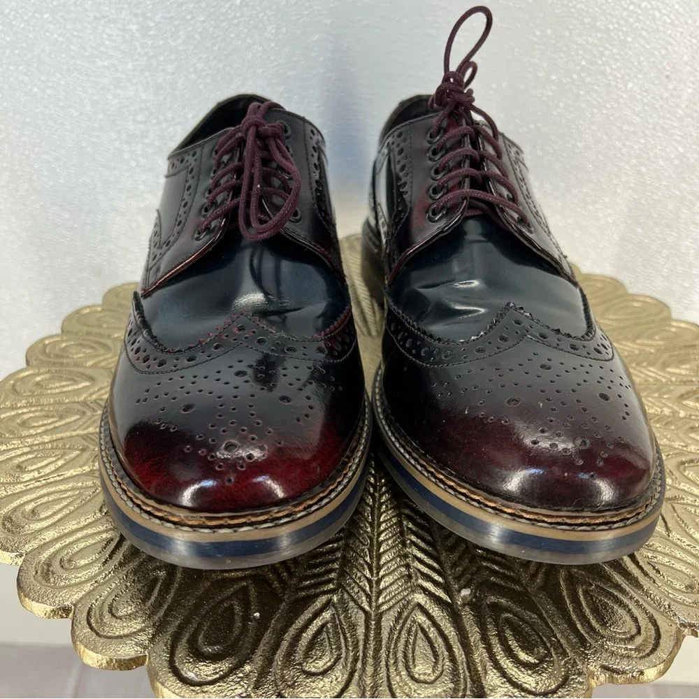 Base London Men’s Leather Brogue Wingtip Oxford Dress Shoes Burgundy‎